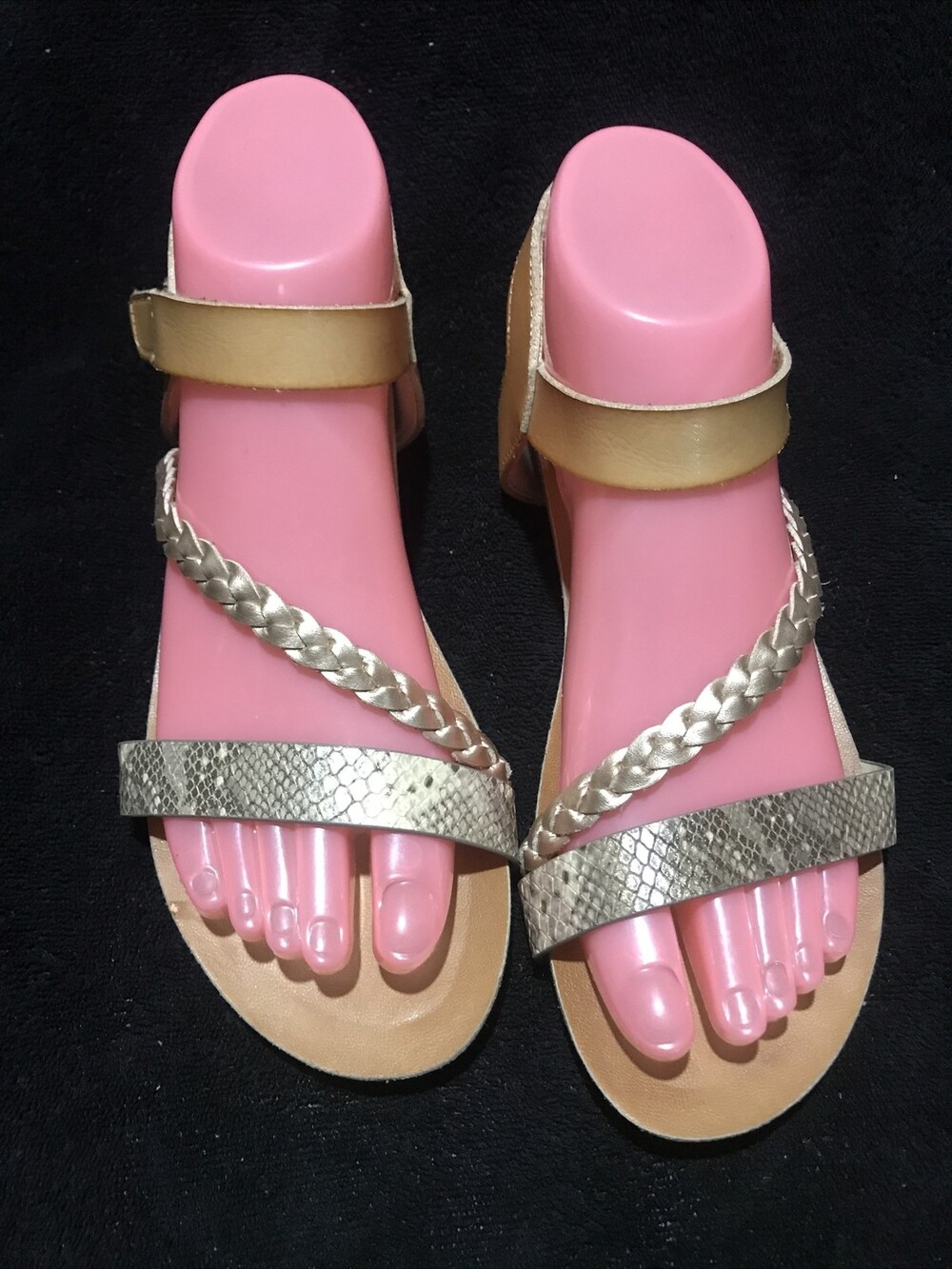 Blowfish Vegan Sandals Size 7M Tan Gold & Snakeskin Flats Shoes Slides